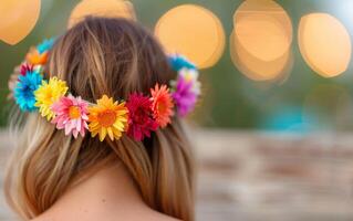 Woman with flower crown and bokeh lights in the background. photo