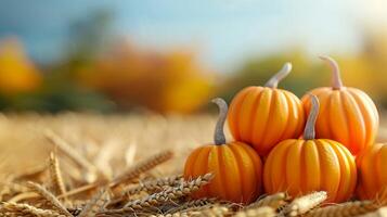 Pumpkins in Field with Wheat - Fall Harvest - Autumnal Background. photo
