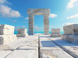 Stone Pathway Leading To Archway With Blue Sea And Sky In Background. photo