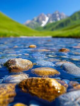 Mountain Stream With Smooth Stones And Sparkling Water. photo