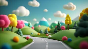 Whimsical Cartoon Landscape With Winding Road And Colorful Trees. photo