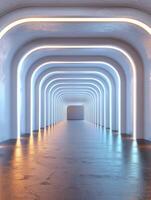 Futuristic White Corridor with Neon Lights and a Dark Wooden Floor. photo