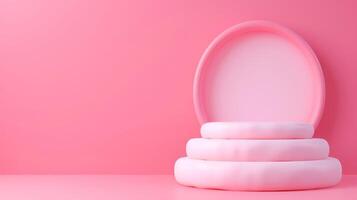 Pink Abstract Geometric Mockup Background for Product Display with Oval Frame and Three Cylinders. photo