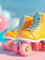 Bright yellow roller skates with pink wheels on a pastel pink surface. photo