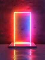 Neon Glow Frame Mockup With Concrete Wall And Platform. photo