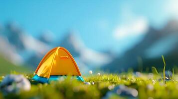 Bright Yellow Tent In A Meadow With Mountain Landscape In Background. photo