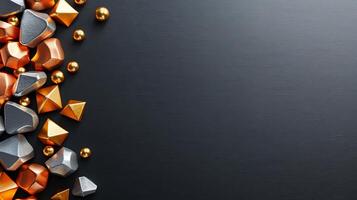 Abstract Black Background with Scattered Gold and Silver Geometric Shapes. photo