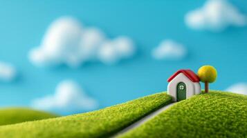 Miniature House On Green Hill Against Blue Sky Background. photo