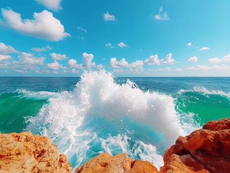 Turquoise Ocean Wave Crashing On Rocks With Blue Sky And Fluffy White Clouds. photo