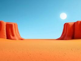 Minimalist Orange Desert Landscape with Sun and Mountains. photo