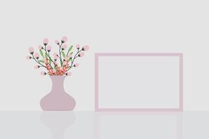 Mockup of a pink frame with a bouquet of spring wildflowers in a vase on a white table. Portrait orientation. Copy space. vector