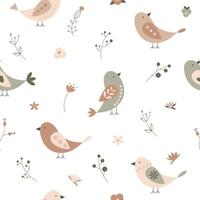 Folk seamless pattern - birds, leaves, flowers, branches in scandinavian nordic style, ethnic floral repeating motifs on background for wrapping, textile, digital or scrapbook paper design vector