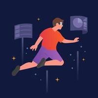 Man wearing VR headsets floating in outer space. VR experience concept, Male characters in metaverse universe, Simulation of the virtual digital world for entertainment. Flat illustration vector