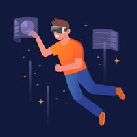 Man wearing VR headsets floating in outer space. VR experience concept, Male characters in metaverse universe, Simulation of the virtual digital world for entertainment. Flat illustration vector