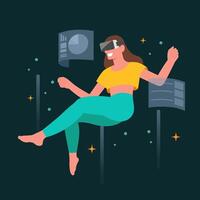 Woman wearing VR headsets floating in outer space. VR experience concept, Female characters in metaverse universe, Simulation of the virtual digital world for entertainment. Flat illustration vector