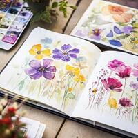 Watercolour painting of wildflowers in a sketchbook, surrounded by an array of watercolour paints and brushes on a wooden table, hobby and craft photo
