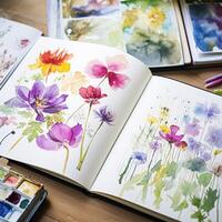 Watercolour painting of wildflowers in a sketchbook, surrounded by an array of watercolour paints and brushes on a wooden table, hobby and craft photo