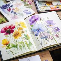 Watercolour painting of wildflowers in a sketchbook, surrounded by an array of watercolour paints and brushes on a wooden table, hobby and craft photo