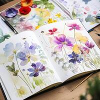 Watercolour painting of wildflowers in a sketchbook, surrounded by an array of watercolour paints and brushes on a wooden table, hobby and craft photo
