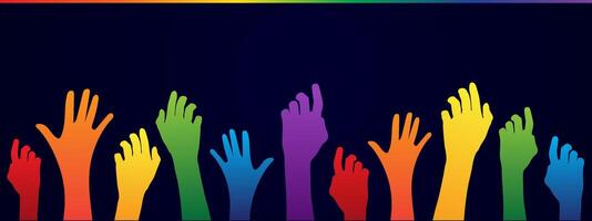 pride rainbow color hands holds up to the sky lgbt community rise together vector