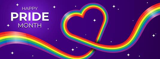 pride month banner with lgbt rainbow color ribbon in heart in purple background with stars vector