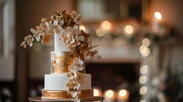 Wedding cake adorned with intricate floral decorations, set in a luxurious room. The cake features multiple tiers, each embellished with delicate white roses and golden leaves, creating a photo