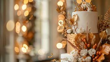 Wedding cake adorned with intricate floral decorations, set in a luxurious room. The cake features multiple tiers, each embellished with delicate white roses and golden leaves, creating a photo