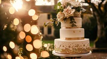 Wedding cake adorned with intricate floral decorations, set in a luxurious room. The cake features multiple tiers, each embellished with delicate white roses and golden leaves, creating a photo