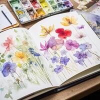 Watercolour painting of wildflowers in a sketchbook, surrounded by an array of watercolour paints and brushes on a wooden table, hobby and craft photo