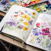Watercolour painting of wildflowers in a sketchbook, surrounded by an array of watercolour paints and brushes on a wooden table, hobby and craft photo