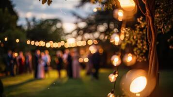 Outdoor wedding reception, warm glow of the lights creates a magical atmosphere as guests gather, the background is blurred, joyful ambiance of the celebration, romantic and festive photo
