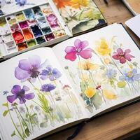 Watercolour painting of wildflowers in a sketchbook, surrounded by an array of watercolour paints and brushes on a wooden table, hobby and craft photo