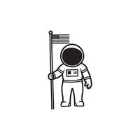 Astronaut with a flag moon outline design, Outer Space clipart illustration in black and white vector