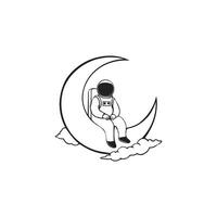 astronaut sitting on crescent moon outline design, Outer Space clipart illustration in black and white vector