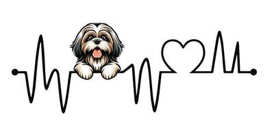 Heartbeat line with Shih Tzu Dog Peeking - Dog and Cardiogram wave with Heart Love isolated illustration vector