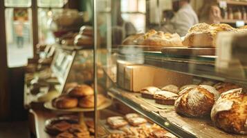 Bakery with baked bread, variety of bread loaves, rolls, and baguettes displayed in baskets and on wooden shelves in the English countryside village photo