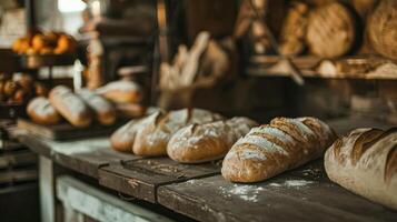 Bakery with baked bread, variety of bread loaves, rolls, and baguettes displayed in baskets and on wooden shelves in the English countryside village photo