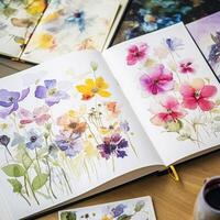 Watercolour painting of wildflowers in a sketchbook, surrounded by an array of watercolour paints and brushes on a wooden table, hobby and craft photo