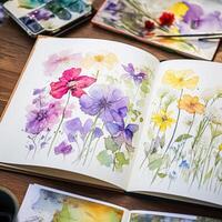 Watercolour painting of wildflowers in a sketchbook, surrounded by an array of watercolour paints and brushes on a wooden table, hobby and craft photo