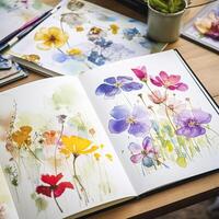 Watercolour painting of wildflowers in a sketchbook, surrounded by an array of watercolour paints and brushes on a wooden table, hobby and craft photo