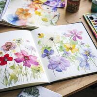 Watercolour painting of wildflowers in a sketchbook, surrounded by an array of watercolour paints and brushes on a wooden table, hobby and craft photo