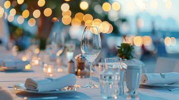 Coastal restaurant dinner, dining at sunset and a beautifully set table, softly blurred, romantic atmosphere with bokeh lights and a hint of the ocean, intimate celebration and a serene photo
