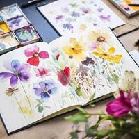 Watercolour painting of wildflowers in a sketchbook, surrounded by an array of watercolour paints and brushes on a wooden table, hobby and craft photo