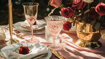 Wedding and event celebration tablescape with flowers, formal dinner table setting with roses and wine, elegant floral table decor for dinner party and holiday decoration, home styling photo