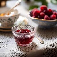 Raspberry jam and raspberries in a crystal bowl, country food and English recipe idea for menu, food blog and cookbook photo