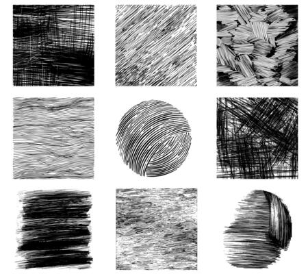 Set of hand drawn grunge textures. Pencil crosshatch shapes. Doodle and sketch style.