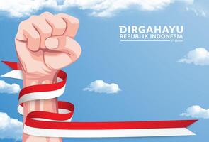 17 August. Indonesia Happy Independence Day greeting card with hands clenched, Spirit of freedom symbol. Use for banner, and white background. vector