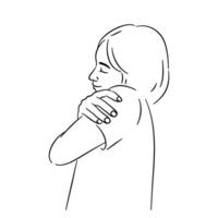 Outline hand drawing of a child girl smiling and hugging self in self-love concept. vector