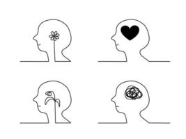 Continuous line art of a flower and heart symbol inside human head in positive and negative emotion. vector