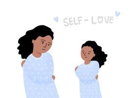 Mother and child smiling and embraced themself in self Love concept. vector